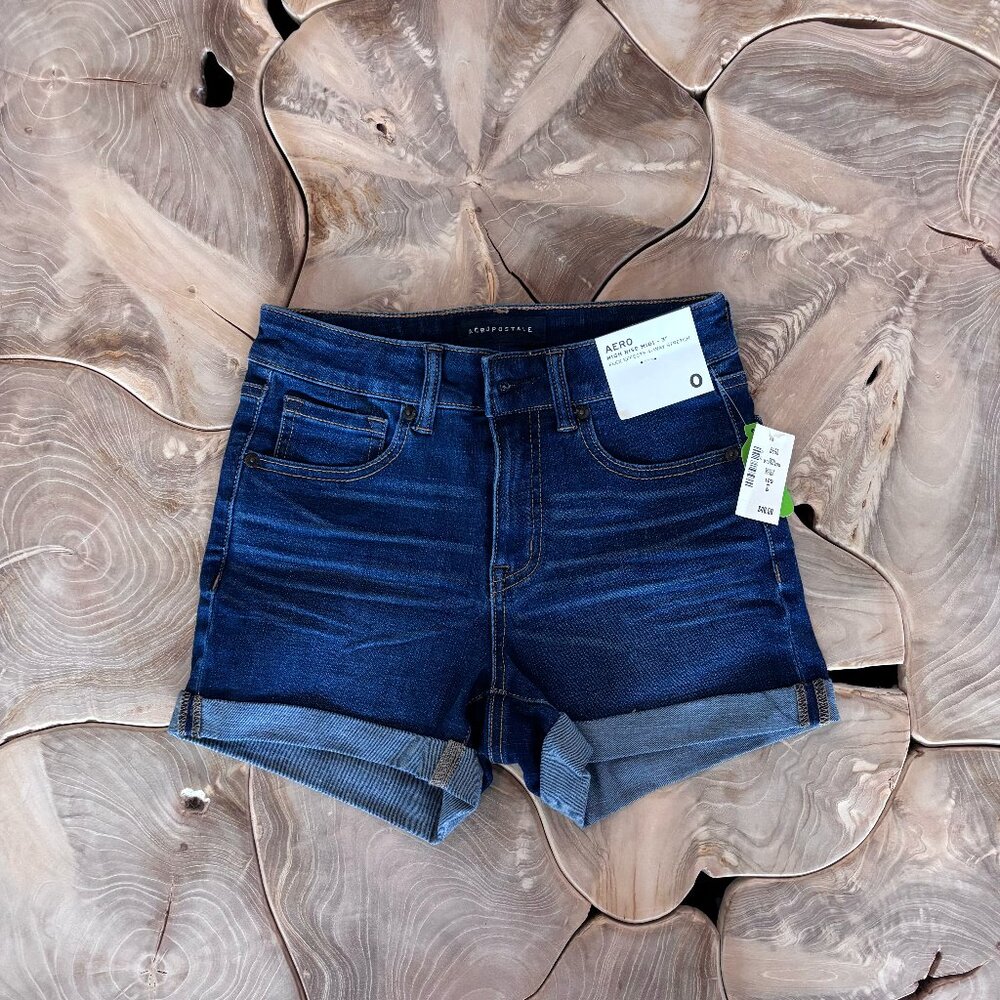 Aero Denim High Rise Midi 3’’ Shorts - Size 0 - Dark Wash with Cuffed Hem - NWT